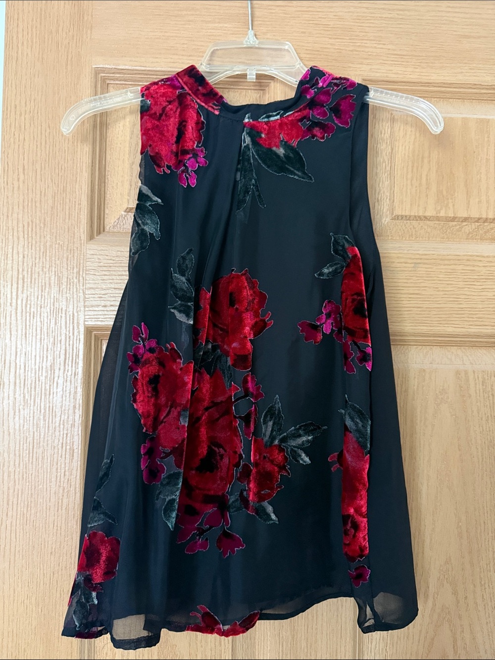 A. Byer Black Sleeveless Top with Red Velvet Floral Print